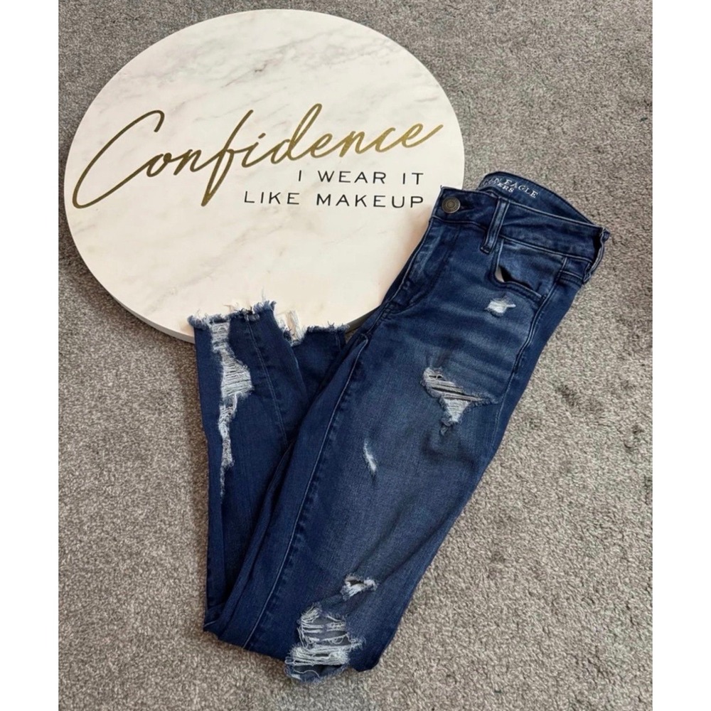 American Eagle Dark Wash Ripped Skinny Jeans Stretch Distressed Size 4